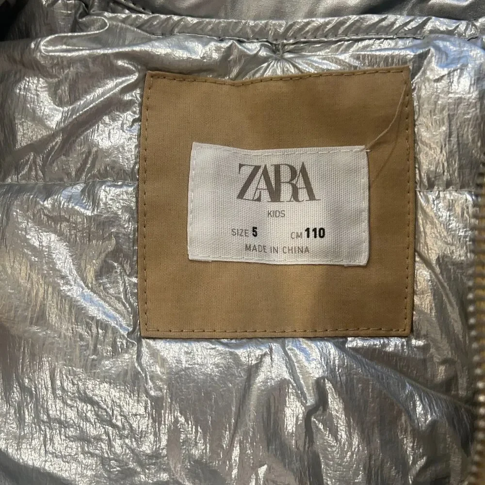 Zara Kids Collapsible Hooded Parka Coat Jacket Tan Silver Size 5 - Picture 4 of 6